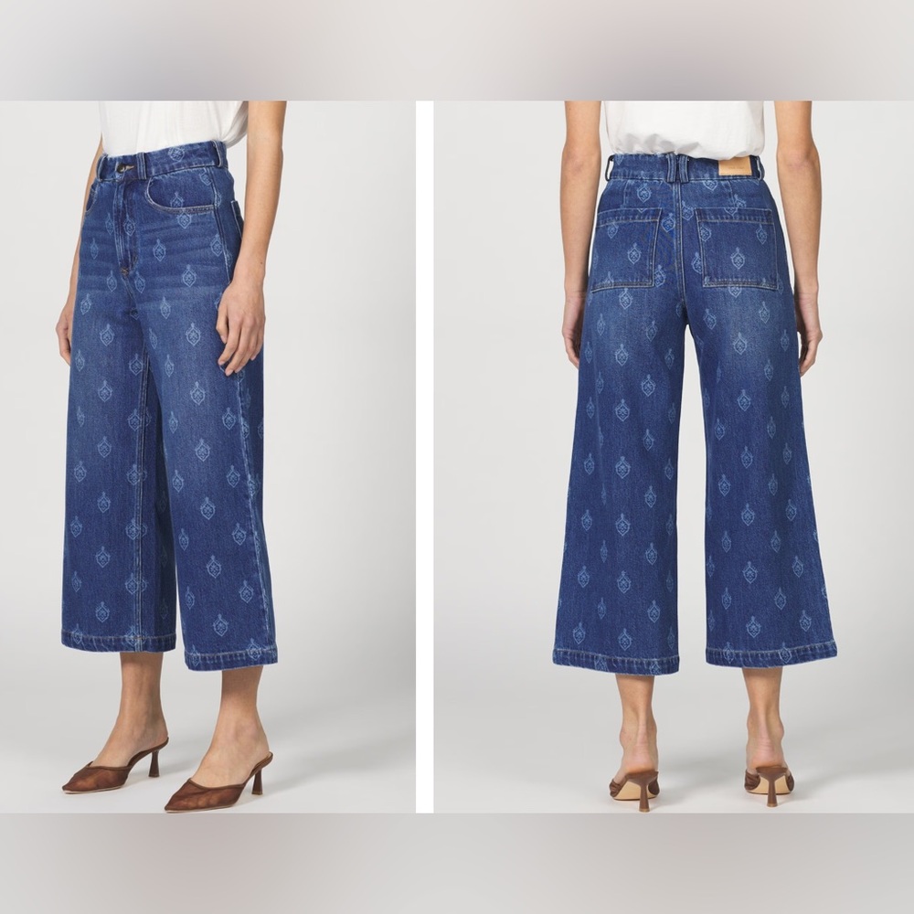 Dear John Blue Indigo Printed Cropped Wide-Leg Jeans